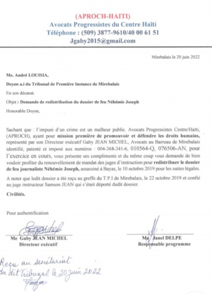 Assassinat Néhémie Joseph: APROCH-HAITI demande au doyen ai du TPI de Mirebalais de redistribuer le dossier à un juge